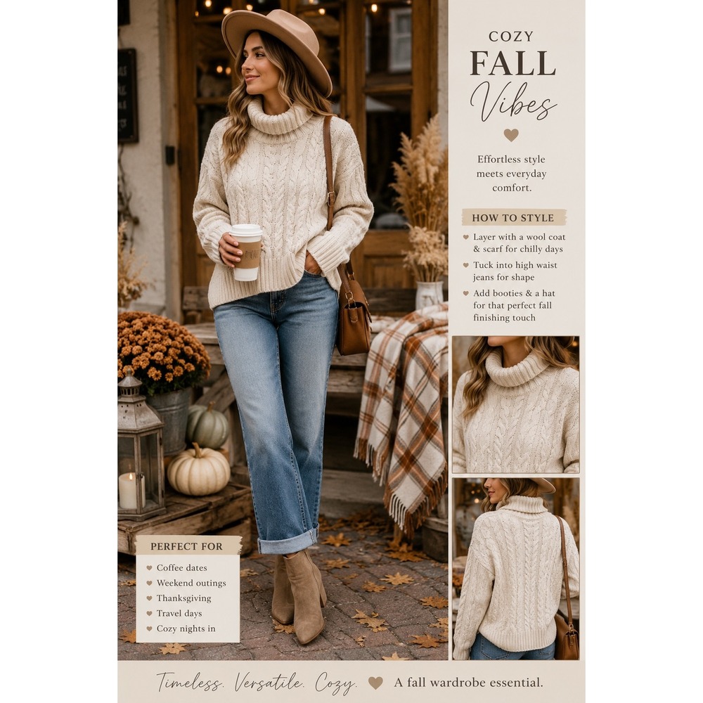 Women Large Cream Cable Knit Turtleneck Sweater Cozy Minimalist Fall Preppy